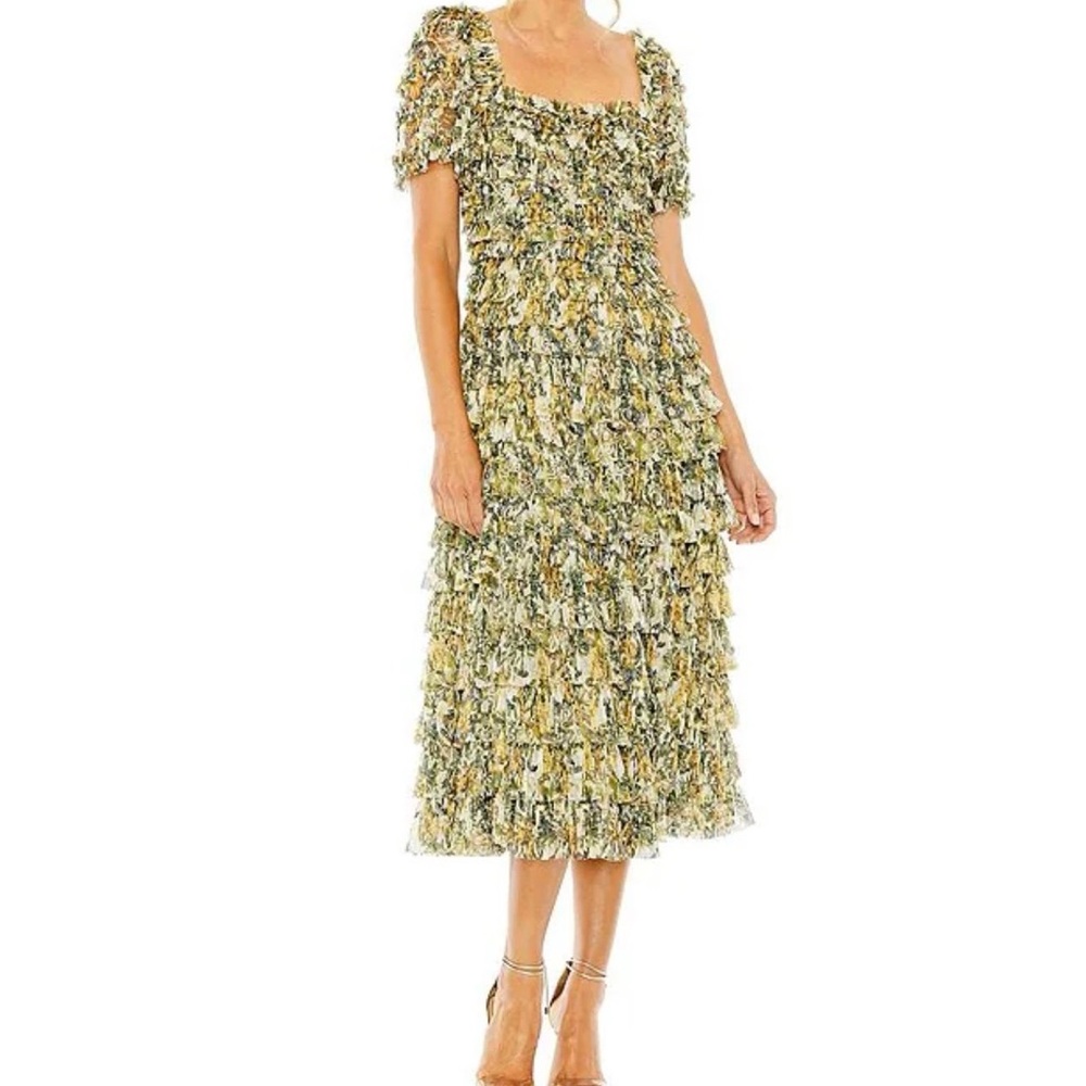 Mac Duggal Floral Ruffle Midi Dress - Yellow and Green